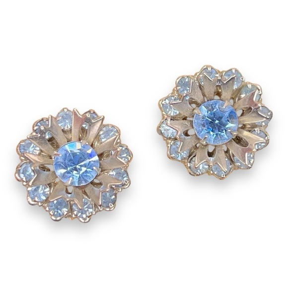 VINTAGE SILVER BLUE CLIP ON EARRINGS RETRO WEDDING EVENT FORMAL - Picture 1 of 6